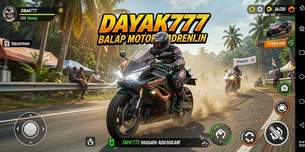 Screenshot utama DAYAK777 menunjukkan aksi balap motor yang intens.