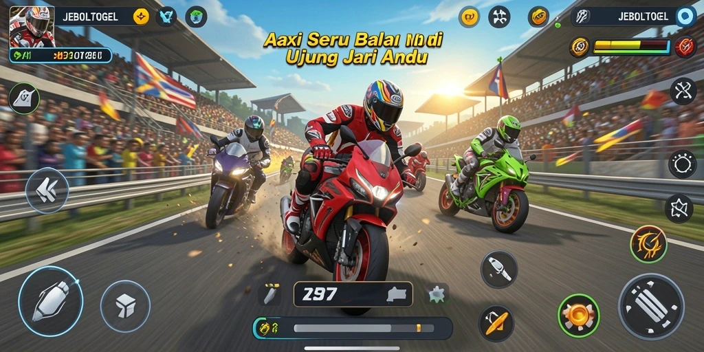Gameplay seru JEBOLTOGEL dengan berbagai trek balapan motor.