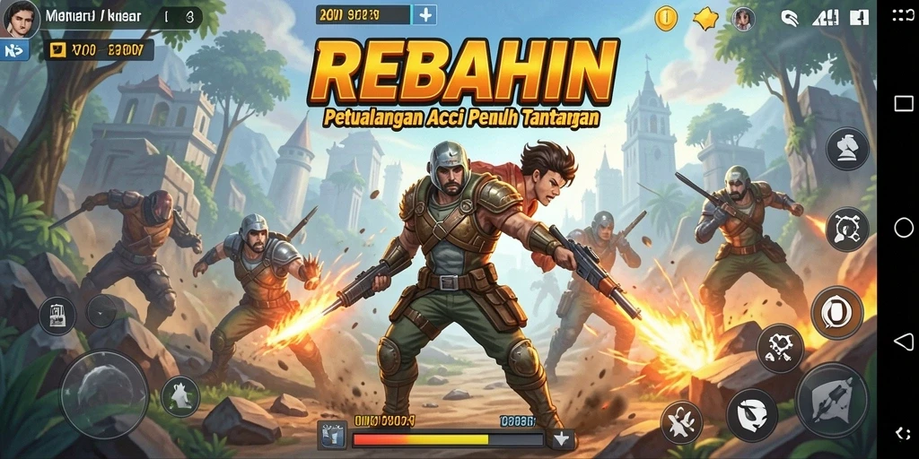 Tangkapan layar utama menunjukkan pertarungan epik dalam REBAHIN.